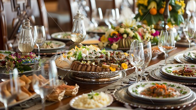  العزائم والولائم في الأعياد والمناسبات الإسلامية، المقبلات والأطباق والأصناف العربية الشرقية اللذيذة، مائدة طعام مليئة بالوجبات المتنوعة الرمضانية، سفرة من المأكولات الشعبية التقليدية الشهية، أجواء شهر رمضان المبارك