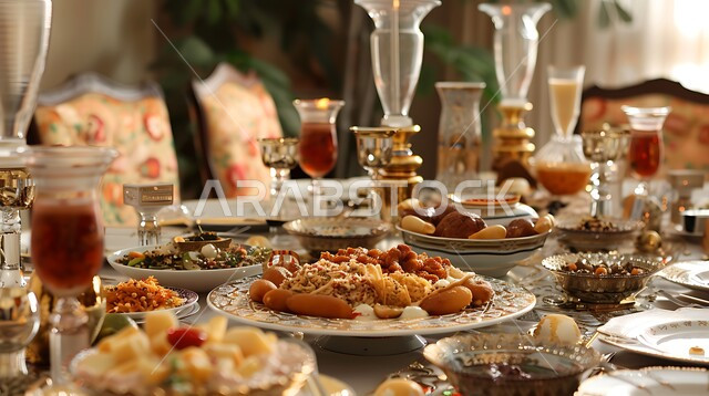 المقبلات والأطباق والأصناف العربية الشرقية اللذيذة، مائدة طعام مليئة بالوجبات المتنوعة الرمضانية، سفرة من المأكولات الشعبية التقليدية الشهية، أجواء شهر رمضان المبارك، العزائم والولائم في الأعياد والمناسبات الإسلامية