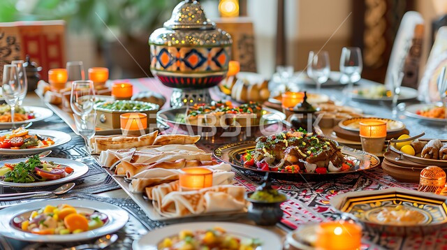 Delicious appetizers, dishes and oriental Arabic dishes, a dining table full of various Ramadan meals, a table of delicious traditional popular foods, the atmosphere of the holy month of Ramadan, invitations and banquets on Islamic holidays and occasions