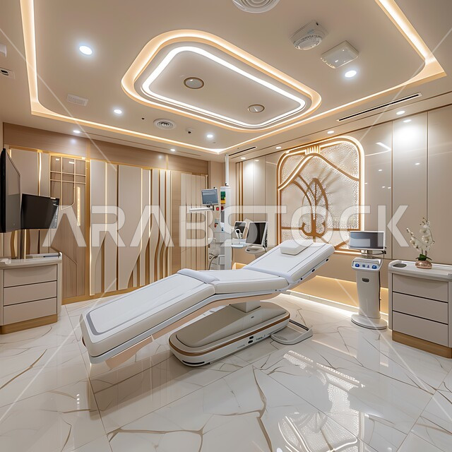 The use of technology and technology in treatment and modern medicine in smart hospitals in the future, modern contemporary designs for hospitals, examination and diagnosis of patients in the hospital, an electronic medical electric bed for the patient, a room equipped with advanced tools and devices