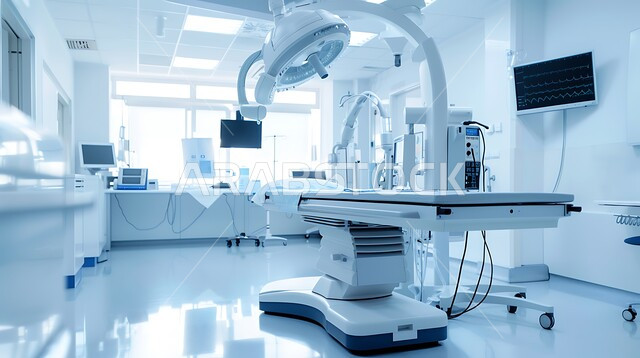 استخدام التقنيه والتكنولوجيا في العلاج والطب الحديث في المستشفيات الذكية في المستقبل، التصاميم الحديثة العصرية للمشافي ,فحص وتشخيص المرضى في المستشفى، سرير إلكتروني طبي كهربائي للمريض، حجره مجهزه بالأدوات والأجهزة المتطورة