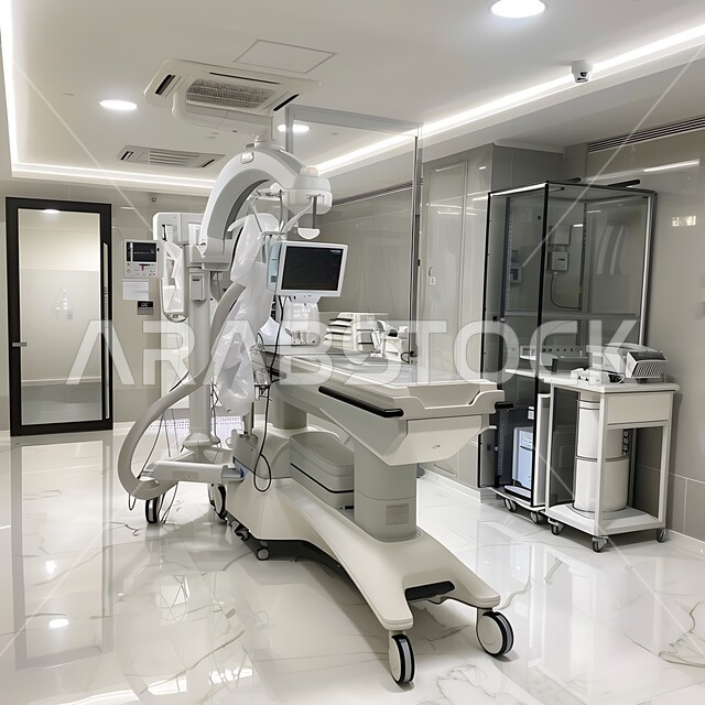 استخدام التقنيه والتكنولوجيا في العلاج والطب الحديث في المستشفيات الذكية في المستقبل، التصاميم الحديثة العصرية للمشافي ,فحص وتشخيص المرضى في المستشفى، سرير إلكتروني طبي كهربائي للمريض، حجره مجهزه بالأدوات والأجهزة المتطورة