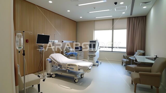 استخدام التقنيه والتكنولوجيا في العلاج والطب الحديث في المستشفيات الذكية في المستقبل، التصاميم الحديثة العصرية للمشافي ,فحص وتشخيص المرضى في المستشفى، سرير إلكتروني طبي كهربائي للمريض، حجره مجهزه بالأدوات والأجهزة المتطورة