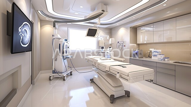 حجره مجهزه بالأدوات والأجهزة المتطورة، استخدام التقنيه والتكنولوجيا في العلاج والطب الحديث في المستشفيات الذكية في المستقبل، التصاميم الحديثة العصرية للمشافي ,فحص وتشخيص المرضى في المستشفى، سرير إلكتروني طبي كهربائي للمريض