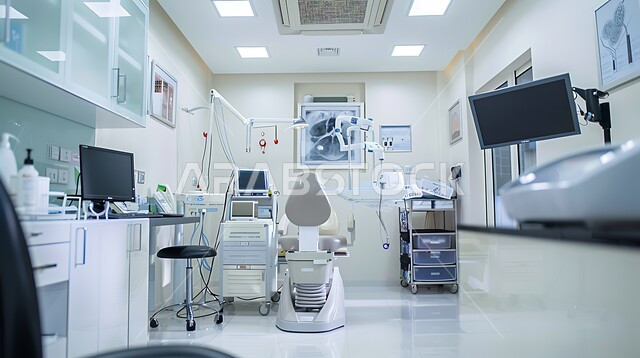 حجره مجهزه بالأدوات والأجهزة المتطورة، استخدام التقنيه والتكنولوجيا في العلاج والطب الحديث في المستشفيات الذكية في المستقبل، التصاميم الحديثة العصرية للمشافي ,فحص وتشخيص المرضى في المستشفى، سرير إلكتروني طبي كهربائي للمريض