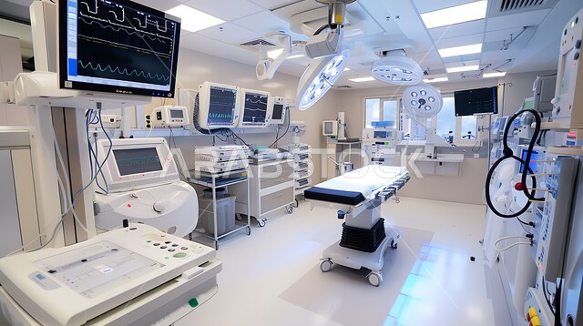 حجره مجهزه بالأدوات والأجهزة المتطورة، استخدام التقنيه والتكنولوجيا في العلاج والطب الحديث في المستشفيات الذكية في المستقبل، التصاميم الحديثة العصرية للمشافي ,فحص وتشخيص المرضى في المستشفى، سرير إلكتروني طبي كهربائي للمريض