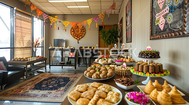 أطباق متنوعه من حلويات العيد الشهية, ديكورات وزينة الأعياد والمناسبات الاسلامية, مفهوم صناعة وإعداد الحلوى, الضيافة التقليدية اللذيذة, وصفات وأطباق من السكريات, الجلسات الهادئة والممتعه في العيد