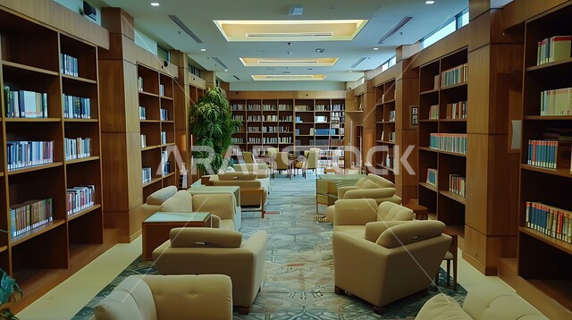 مكان للقراء ومحبي العلم والكتب والمعرفة، تصميم داخلي لمكتبة مليئة بالروايات والقصص المرتبة على الأرفف، الديكورات الداخليه الهادئة، المكاتب في المملكة العربية السعودية,  كتب ومجلدات ثقافية وعلمية