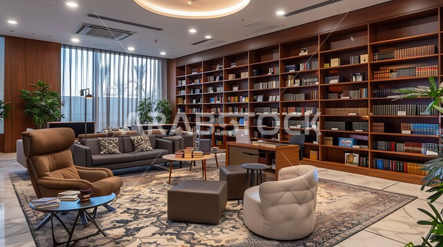 مكان للقراء ومحبي العلم والكتب والمعرفة، تصميم داخلي لمكتبة مليئة بالروايات والقصص المرتبة على الأرفف، الديكورات الداخليه الهادئة، المكاتب في المملكة العربية السعودية,  كتب ومجلدات ثقافية وعلمية