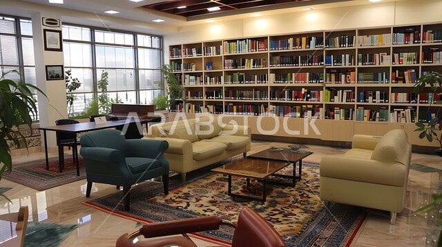 مكان للقراء ومحبي العلم والكتب والمعرفة، تصميم داخلي لمكتبة مليئة بالروايات والقصص المرتبة على الأرفف، الديكورات الداخليه الهادئة، المكاتب في المملكة العربية السعودية,  كتب ومجلدات ثقافية وعلمية