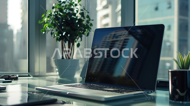 العمل على الحاسوب المحمول، استخدام الاجهزة التقنية الحديثة في المكاتب، مهن ووظائف ادارية، ديكورات وتصاميم وأثاث الغرفة الراقي، مكتب عمل بواجهه زجاجية كبيرة، طاولة عمل مجهزة باللوازم المكتبية