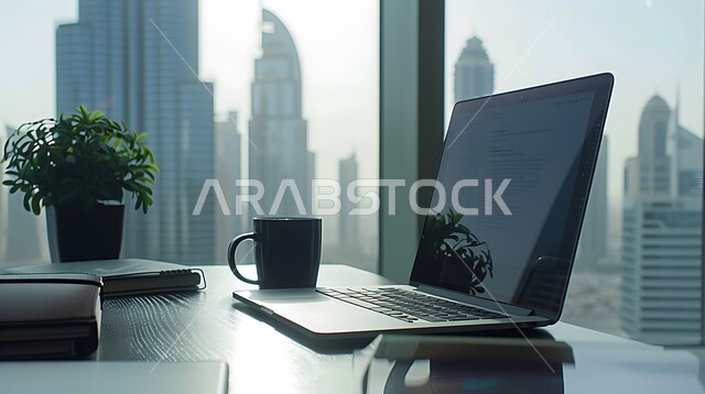 Working on a laptop, using modern technical devices in offices, administrative professions and jobs, high-end room decorations, designs and furniture, a work desk with a large glass front, a work table equipped with office supplies