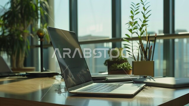 العمل على الحاسوب المحمول، استخدام الاجهزة التقنية الحديثة في المكاتب، مهن ووظائف ادارية، ديكورات وتصاميم وأثاث الغرفة الراقي، مكتب عمل بواجهه زجاجية كبيرة، طاولة عمل مجهزة باللوازم المكتبية