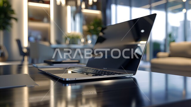 مكتب عمل بواجهه زجاجية كبيرة، طاولة عمل مجهزة باللوازم المكتبية، العمل على الحاسوب المحمول، استخدام الاجهزة التقنية الحديثة في المكاتب، مهن ووظائف ادارية، ديكورات وتصاميم وأثاث الغرفة الراقي