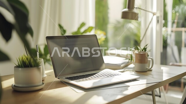 Office desk with large glass front, office desk equipped with office supplies, working on laptop, using modern technical devices in offices, administrative professions and jobs, high-end room decorations, designs and furniture