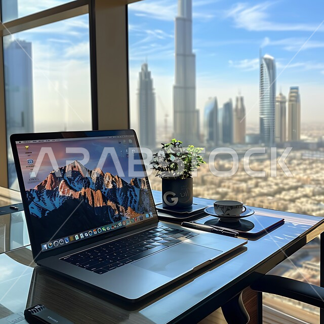 Office desk with large glass front, office desk equipped with office supplies, working on laptop, using modern technical devices in offices, administrative professions and jobs, high-end room decorations, designs and furniture