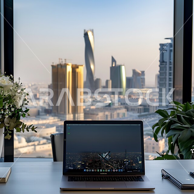 Office desk with large glass front, office desk equipped with office supplies, working on laptop, using modern technical devices in offices, administrative professions and jobs, high-end room decorations, designs and furniture