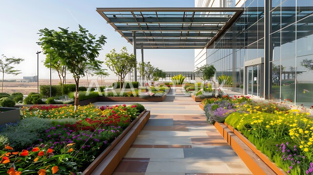 Outdoor gardens for resting during working hours, interest in landscaping and planting green plants, a Saudi business center with huge glass facades, modern architectural arts and designs in the Kingdom, towers, buildings and commercial facilities