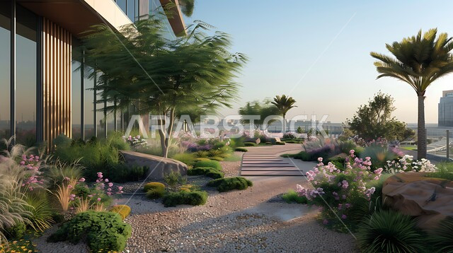 الحدائق الخارجية للاستراحة في أوقات الدوام، الاهتمام في التشجير و زراعة النباتات الخضراء, مركز أعمال سعودي بواجهات زجاجية ضخمة, الفنون و التصاميم الهندسية المعمارية الحديثة في المملكة، الأبراج والمباني والمنشآت التجارية