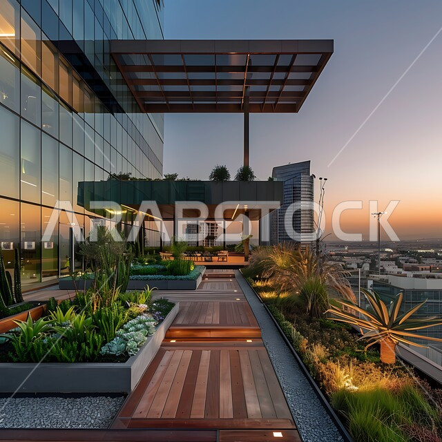 Outdoor gardens for resting during working hours, interest in landscaping and planting green plants, a Saudi business center with huge glass facades, modern architectural arts and designs in the Kingdom, towers, buildings and commercial facilities