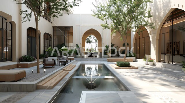 The concept of loving peace and relaxation, enjoying the distinctive natural scenery, interest in planting plants and trees in the vast green spaces, an artificial flat waterfall in the courtyard of one of the traditional gardens in the Kingdom of Saudi Arabia