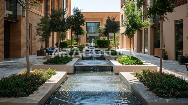  مفهوم حب الهدوء والاسترخاء, الاستمتاع بالمناظر الطبيعيه المتميزة، الاهتمام في زراعه النباتات و الاشجار في المساحات الخضراء الواسعه, شلال مياه مسطح اصطناعي في فناء أحد الحدائق التقليدية في المملكة العربية السعودية