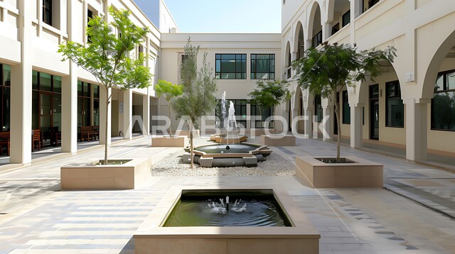 الاهتمام في زراعه النباتات و الاشجار في المساحات الخضراء الواسعه, شلال مياه مسطح اصطناعي في فناء أحد الحدائق التقليدية في المملكة العربية السعودية, مفهوم حب الهدوء والاسترخاء, الاستمتاع بالمناظر الطبيعيه المتميزة