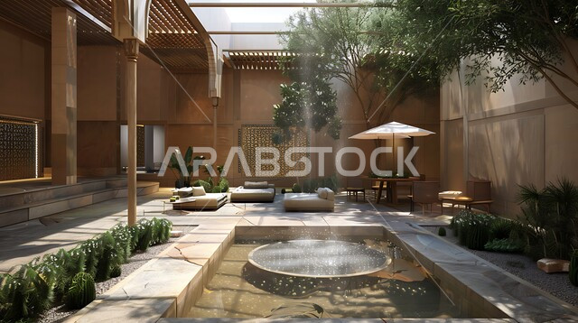 الاهتمام في زراعه النباتات و الاشجار في المساحات الخضراء الواسعه, شلال مياه مسطح اصطناعي في فناء أحد الحدائق التقليدية في المملكة العربية السعودية, مفهوم حب الهدوء والاسترخاء, الاستمتاع بالمناظر الطبيعيه المتميزة