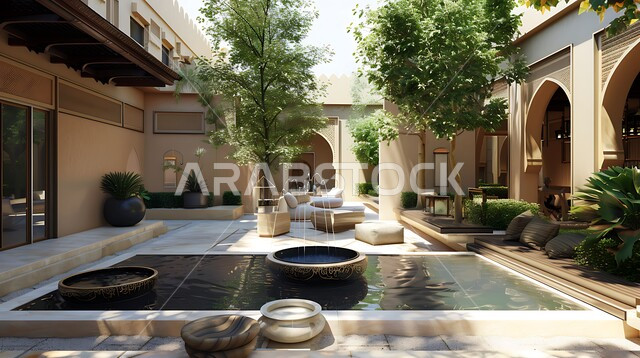 الاهتمام في زراعه النباتات و الاشجار في المساحات الخضراء الواسعه, شلال مياه مسطح اصطناعي في فناء أحد الحدائق التقليدية في المملكة العربية السعودية, مفهوم حب الهدوء والاسترخاء, الاستمتاع بالمناظر الطبيعيه المتميزة