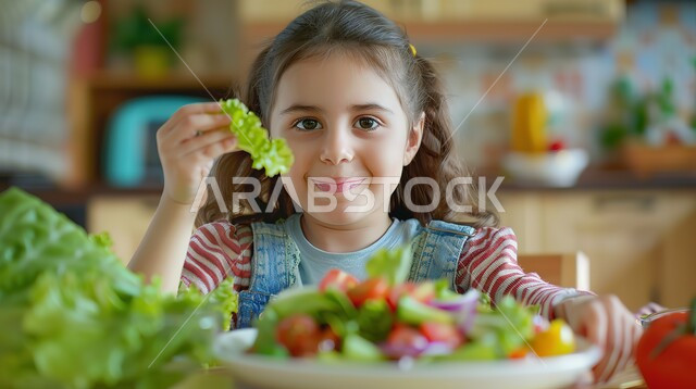 وجبة افطار مغذية ومفيدة، صورة مقربة لبنت عربية خليجية سعودية مبتسمة تقوم بتناول السلطة والخضراوات الطازجة، النظر الى الكاميرا بتعابير السرور والسعادة، إتباع النظام الغذائي الصحي