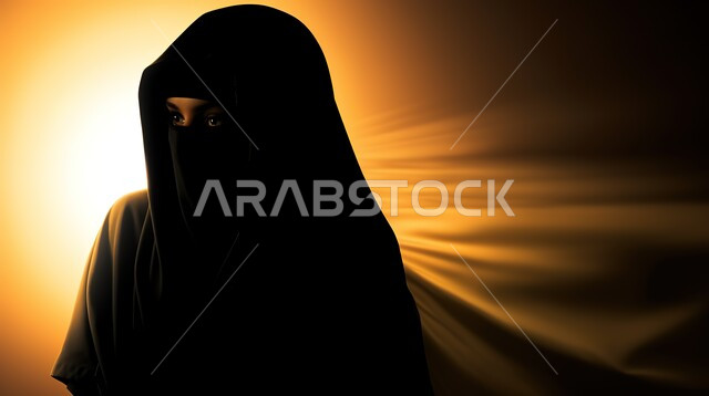 The concept of decency and elegance, the shadow of a veiled Arab Gulf Arab woman, looking at some place with gestures of focus, attention to the outward appearance, a brown background