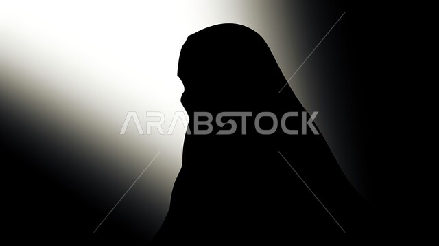 الاهتمام بالمظهر الخارجي، مفهوم الحشمة و الاناقة، صورة ظليلية لامرأة عربية خليجية سعودية منقبة تنظر لمكان ما بإيماءات التركيز، خلفية سوداء