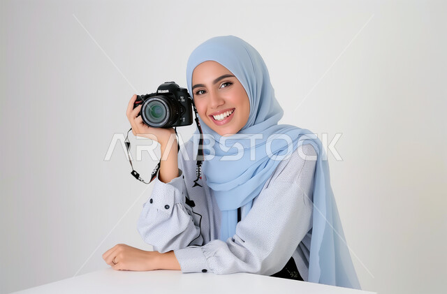 الاهتمام بالمظهر الخارجي, موهبة واحتراف فن التصوير بكاميرا عالية الدقة، التقاط الصور التذكارية باستخدام كاميرا التصوير الفوتوغرافي، ممارسة الهواية المفضلة بشغف, بورتريه لشابة عربية خليجية سعودية محجبة تحمل بيديها الكاميرا بإيماءات البشاشة، خلفية بيضاء