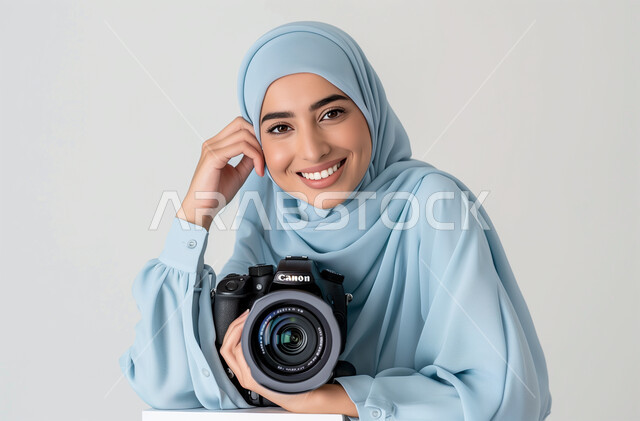 موهبة واحتراف فن التصوير بكاميرا عالية الدقة، الاهتمام بالمظهر الخارجي, التقاط الصور التذكارية باستخدام كاميرا التصوير الفوتوغرافي، بورتريه لشابة عربية خليجية سعودية محجبة تحمل بيديها الكاميرا بإيماءات البشاشة، خلفية بيضاء