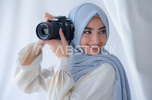  الاهتمام بالمظهر الخارجي, التقاط الصور التذكارية باستخدام كاميرا التصوير الفوتوغرافي، موهبة واحتراف فن التصوير بكاميرا عالية الدقة، بورتريه لشابة عربية خليجية سعودية محجبة تحمل بيديها الكاميرا بإيماءات البشاشة، خلفية بيضاء