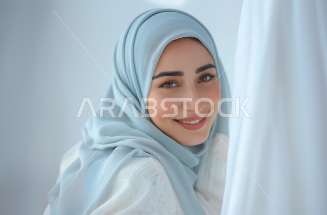  التقاط الصور الشخصية للوثائق الرسمية، الاهتمام بالأناقة والمظهر الخارجي، مفهوم الأنوثة والنعومة، مقرب لامرأة عربية خليجية سعودية محجبة تنظر الى الكاميرا بإيماءات الثقة بالنفس و السرور، خلفية رمادية