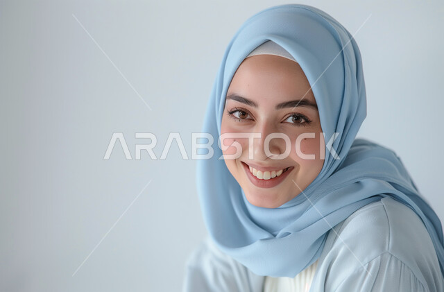 التقاط الصور الشخصية للوثائق الرسمية، الاهتمام بالأناقة والمظهر الخارجي، مفهوم الأنوثة والنعومة، بورتريه مقرب لامرأة عربية خليجية سعودية محجبة تنظر الى الكاميرا بإيماءات الثقة بالنفس و السرور، خلفية رمادية