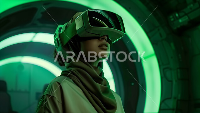 تقنيات حديثة الكترونية وأجهزة تكنولوجية، استخدام تقنية الفي آر، التفاعل ومحاكاة العالم الخيالي, صورة مقربة من الجانب لامرأة عربية خليجية سعودية محجبة تضع نظارات الواقع الافتراضي