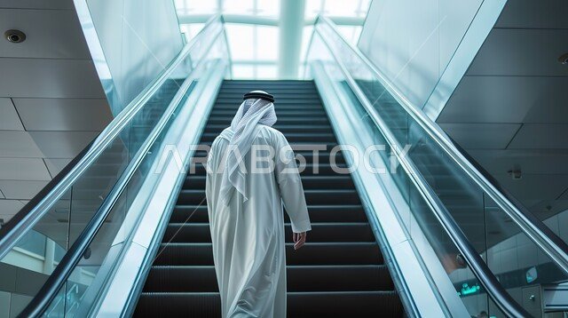 النزول والانتقال باستخدام السلم الكهربائي, صورة من الخلف لرجل عربي خليجي سعودي يرتدي الغترة والثوب التقليدي يقوم بالصعود على الدرج، التجول في المراكز التجارية والمولات، تطوير المرافق العامة في الشركات السعودية