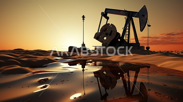 معدات وأدوات التنقيب عن النفط، مشاريع صناعية بتروكيماوية، صورة ظلية لعملية استخراج البترول من الاراضي الصحراويه وقت الغروب، النمو والتقدم الاقتصادي، اعتماد التقنيات والتكنولوجيا الحديثة في إنتاجية الغاز في المملكة العربية السعودية, سالويت