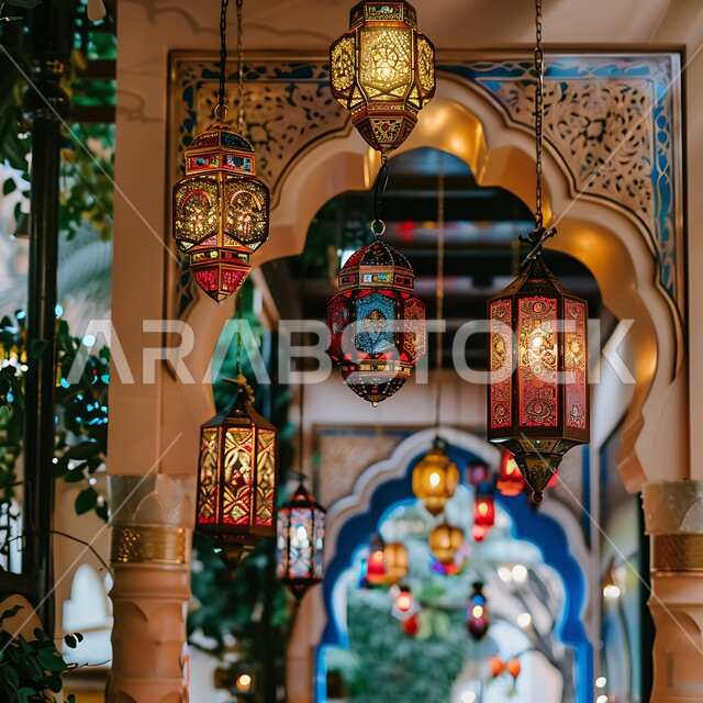 فوانيس عربية تقليدية معدنية مزخرفة، الأنوار والتحف والديكورات الاسلامية التقليدية، إضاءة وزينة رمضان المبارك، الإحتفال بقدوم شهر الخير والبركة، أجواء رمضانية روحانية دينية، المصابيح المضيئة المعلقة