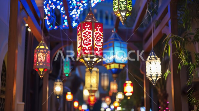 فوانيس عربية تقليدية معدنية مزخرفة، الأنوار والتحف والديكورات الاسلامية التقليدية، إضاءة وزينة رمضان المبارك، الإحتفال بقدوم شهر الخير والبركة، أجواء رمضانية روحانية دينية، المصابيح المضيئة المعلقة