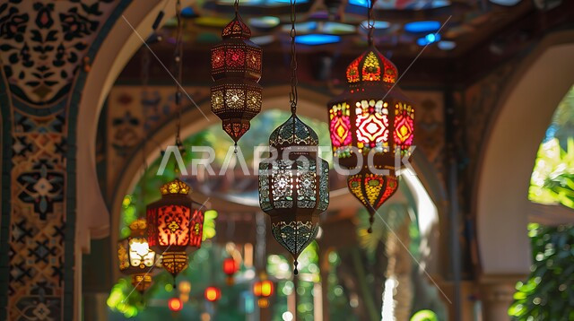 فوانيس عربية تقليدية معدنية مزخرفة، الأنوار والتحف والديكورات الاسلامية التقليدية، إضاءة وزينة رمضان المبارك، الإحتفال بقدوم شهر الخير والبركة، أجواء رمضانية روحانية دينية، المصابيح المضيئة المعلقة