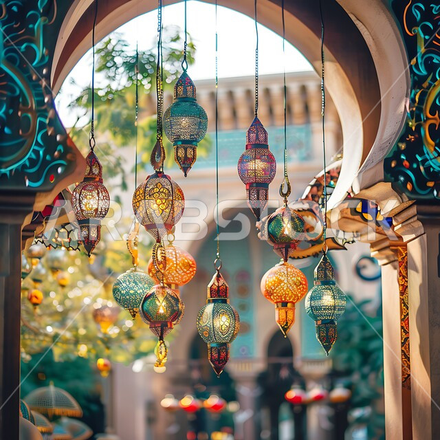 فوانيس عربية تقليدية معدنية مزخرفة، الأنوار والتحف والديكورات الاسلامية التقليدية، إضاءة وزينة رمضان المبارك، الإحتفال بقدوم شهر الخير والبركة، أجواء رمضانية روحانية دينية، المصابيح المضيئة المعلقة