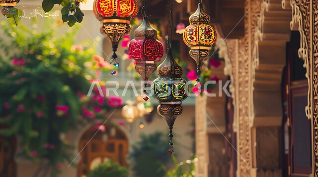 المصابيح المضيئة المعلقة, فوانيس عربية تقليدية معدنية مزخرفة، الأنوار والتحف والديكورات الاسلامية التقليدية، إضاءة وزينة رمضان المبارك، الإحتفال بقدوم شهر الخير والبركة، أجواء رمضانية روحانية دينية