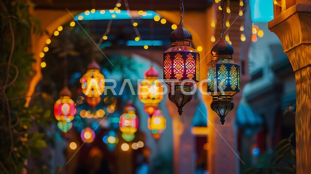 المصابيح المضيئة المعلقة, فوانيس عربية تقليدية معدنية مزخرفة، الأنوار والتحف والديكورات الاسلامية التقليدية، إضاءة وزينة رمضان المبارك، الإحتفال بقدوم شهر الخير والبركة، أجواء رمضانية روحانية دينية