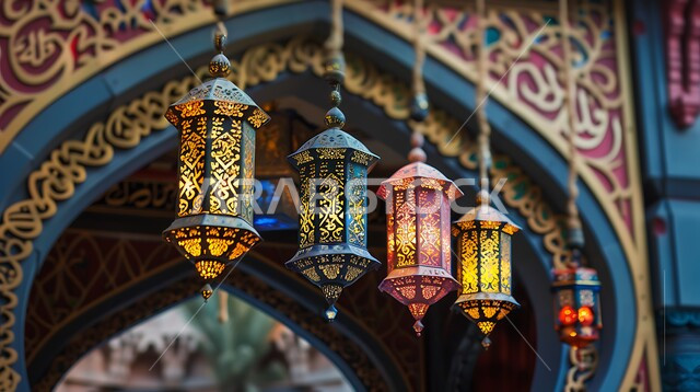 المصابيح المضيئة المعلقة, فوانيس عربية تقليدية معدنية مزخرفة، الأنوار والتحف والديكورات الاسلامية التقليدية، إضاءة وزينة رمضان المبارك، الإحتفال بقدوم شهر الخير والبركة، أجواء رمضانية روحانية دينية