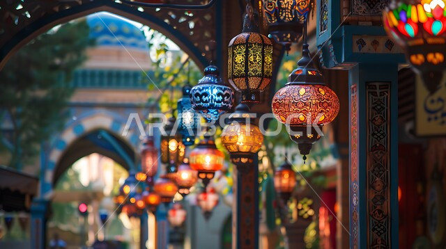 المصابيح المضيئة المعلقة, فوانيس عربية تقليدية معدنية مزخرفة، الأنوار والتحف والديكورات الاسلامية التقليدية، إضاءة وزينة رمضان المبارك، الإحتفال بقدوم شهر الخير والبركة، أجواء رمضانية روحانية دينية