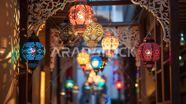 المصابيح المضيئة المعلقة, فوانيس عربية تقليدية معدنية مزخرفة، الأنوار والتحف والديكورات الاسلامية التقليدية، إضاءة وزينة رمضان المبارك، الإحتفال بقدوم شهر الخير والبركة، أجواء رمضانية روحانية دينية