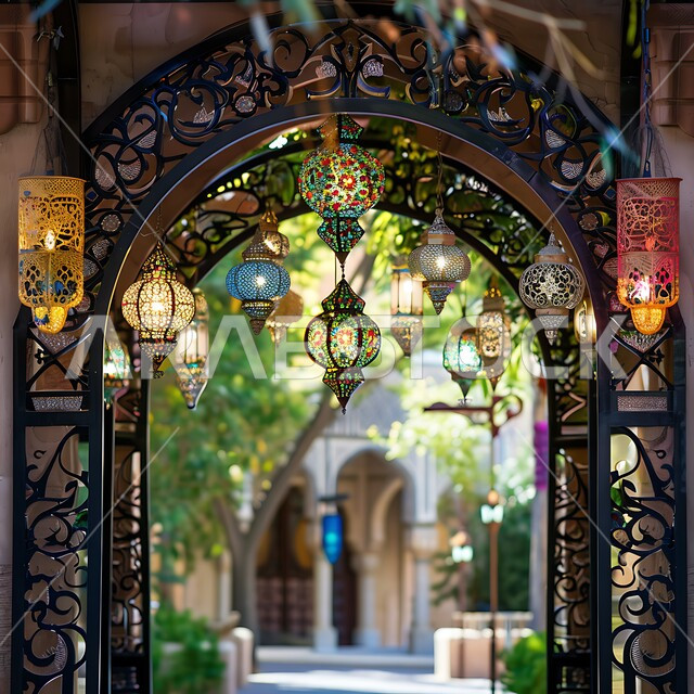 فوانيس عربية تقليدية معدنية مزخرفة، الأنوار والتحف والديكورات الاسلامية التقليدية، إضاءة وزينة رمضان المبارك، الإحتفال بقدوم شهر الخير والبركة، أجواء رمضانية روحانية دينية، المصابيح المضيئة المعلقة